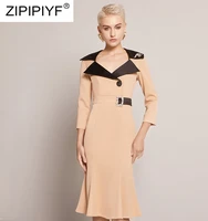 2020 spring women new arrival elegant dress vintage sexy slim v neck high quality waist sleeve trumpet knee length dress c10