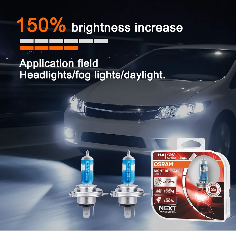 Лампа Ксеноновая OSRAM ампулы voiture h4 64193NL Hi/короче спереди и длиннее сзади) 12В для ближнего и дальнего света 55W 4050K Night breaker лазерной следующего поколения галогенная лампа для автомобиля H4 фар 9003/HB2