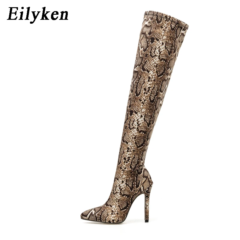 EilyKen/сапоги из змеиной кожи; модные сапоги выше колена на высоком каблуке; женская обувь с острым носком на шпильке; пикантные сапоги из змеиной кожи