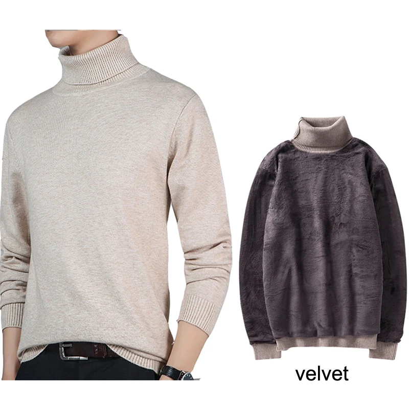 Мужской зимний плотный теплый свитер с высоким воротником и бархатной