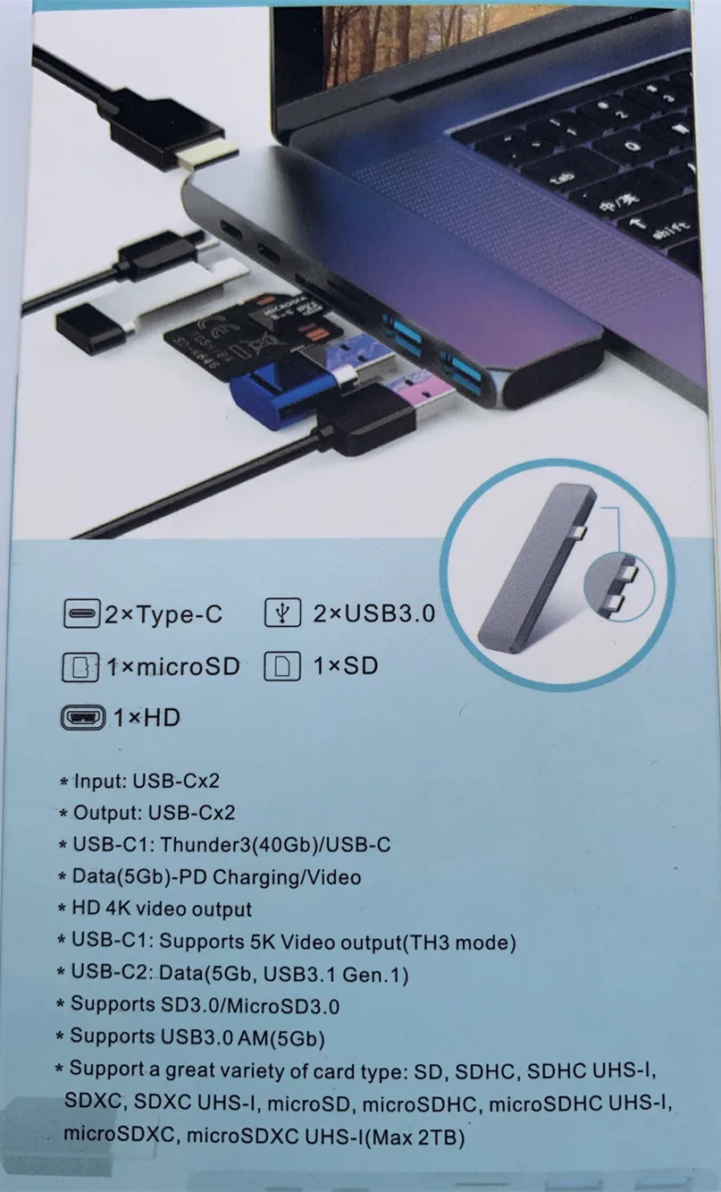 

7 in 1 Type-c HD 4K Card Reader & HUB Plug and Play Thunderbolt 3 USB Type C Dock with TF/SD Card Reader for MacBook Pro/Air