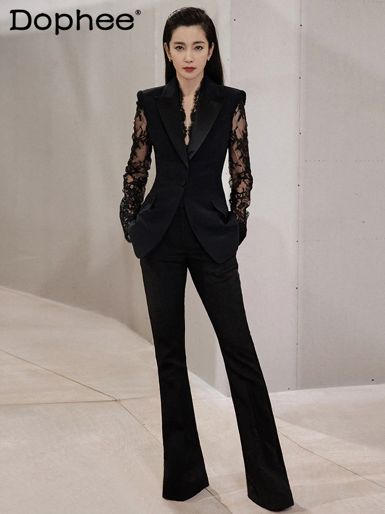 

Female Elegant Black Suit OL Slimming Lace Stitching Suit Jacket Slim Fit Flared Pants Two-Piece Suit 2021 Spring New Outfits