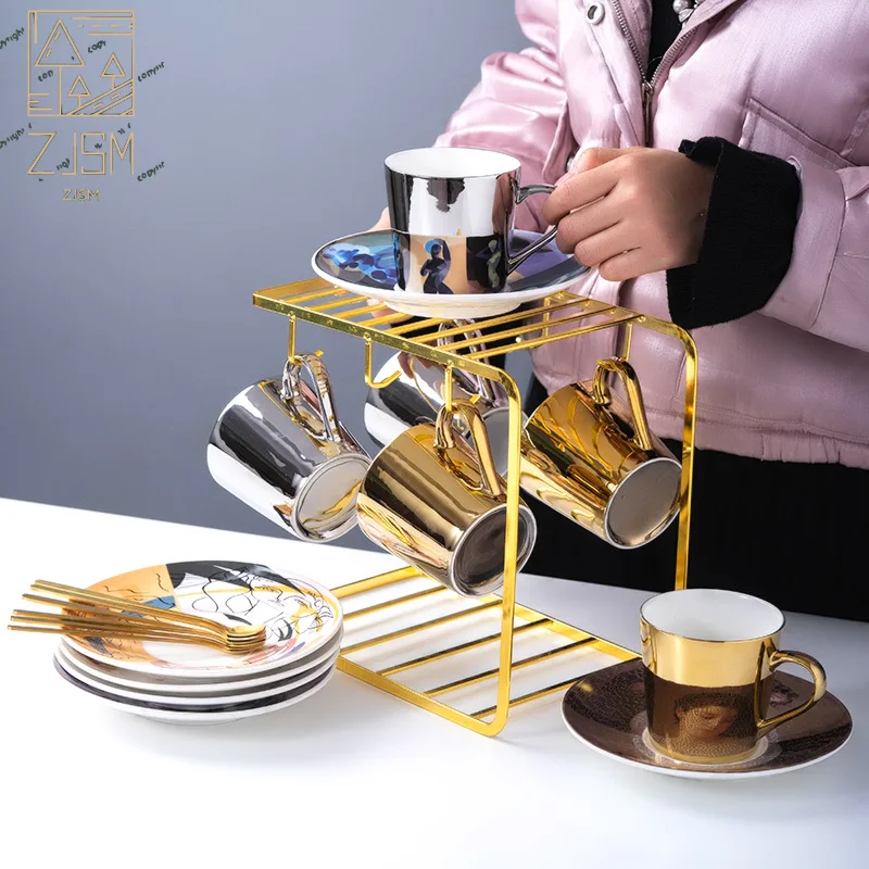 

English Afternoon Tea Cup Luxury Set Specular Reflection Ceramic Cups and Saucers Gold Coffee Mug Spoon Exquisite Decoration
