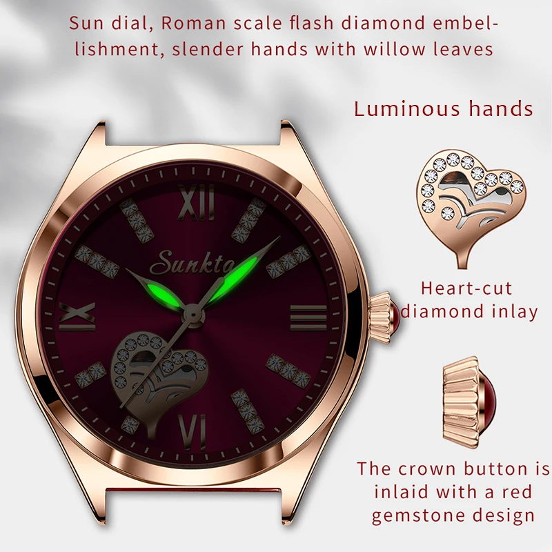 SUNKTA Diamond Heart Dial Watch Fashion Temperament Waterproof Watches Female High-level Female Luxury Watches Women Reloj Mujer