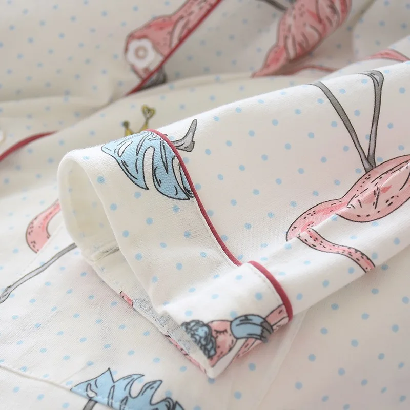 Women Cotton Homewear Pajamas Sets Long-Sleeved Trousers Ladies Pajamas Suit Flamingo Print Style Lovely Home  Wear ouc534