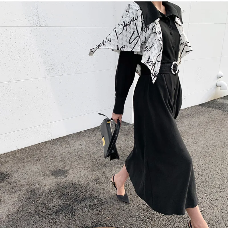 

Spring Mujer Loose Casual TurnDown Collar Solid Color Single Breasted Long Sleeve Shawel Female 2021 Black Dress With Belt