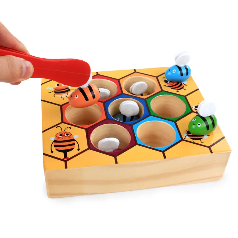 

Hot Wooden Leaning Educatinal Toys Children Montessori Early Education Beehive Game Childhood Color Cognitive Clip Small Bee Toy