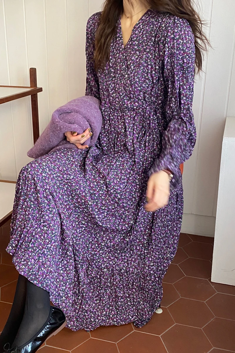 

Wavsiyier Party Midi Dress Women Spring Long Sleeve A-Line Print Floral Lace Up Chiffon Dresses 2020 Woman Korean Style Autumn V