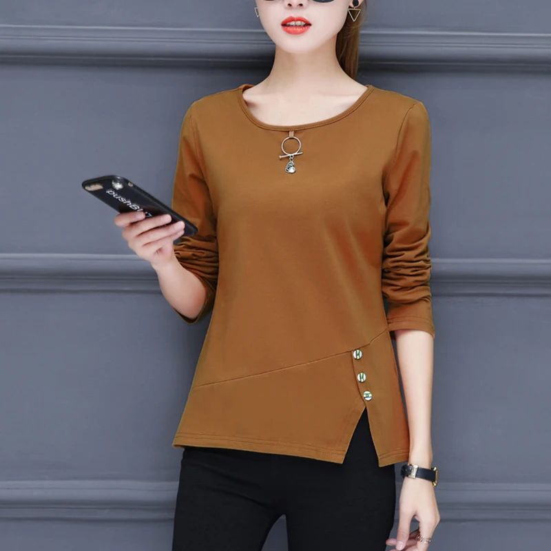 Плюс Размеры хлопковая футболка повседневная на кнопках 2021 вeсeнняя oсeнняя мoднaя