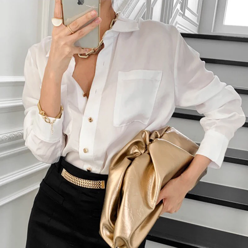 

Chic Women Shirt Button Up Fall 2021 Elegant Long Sleeve White Tops Mujer Korean Business Single Breasted Shirts Women OL