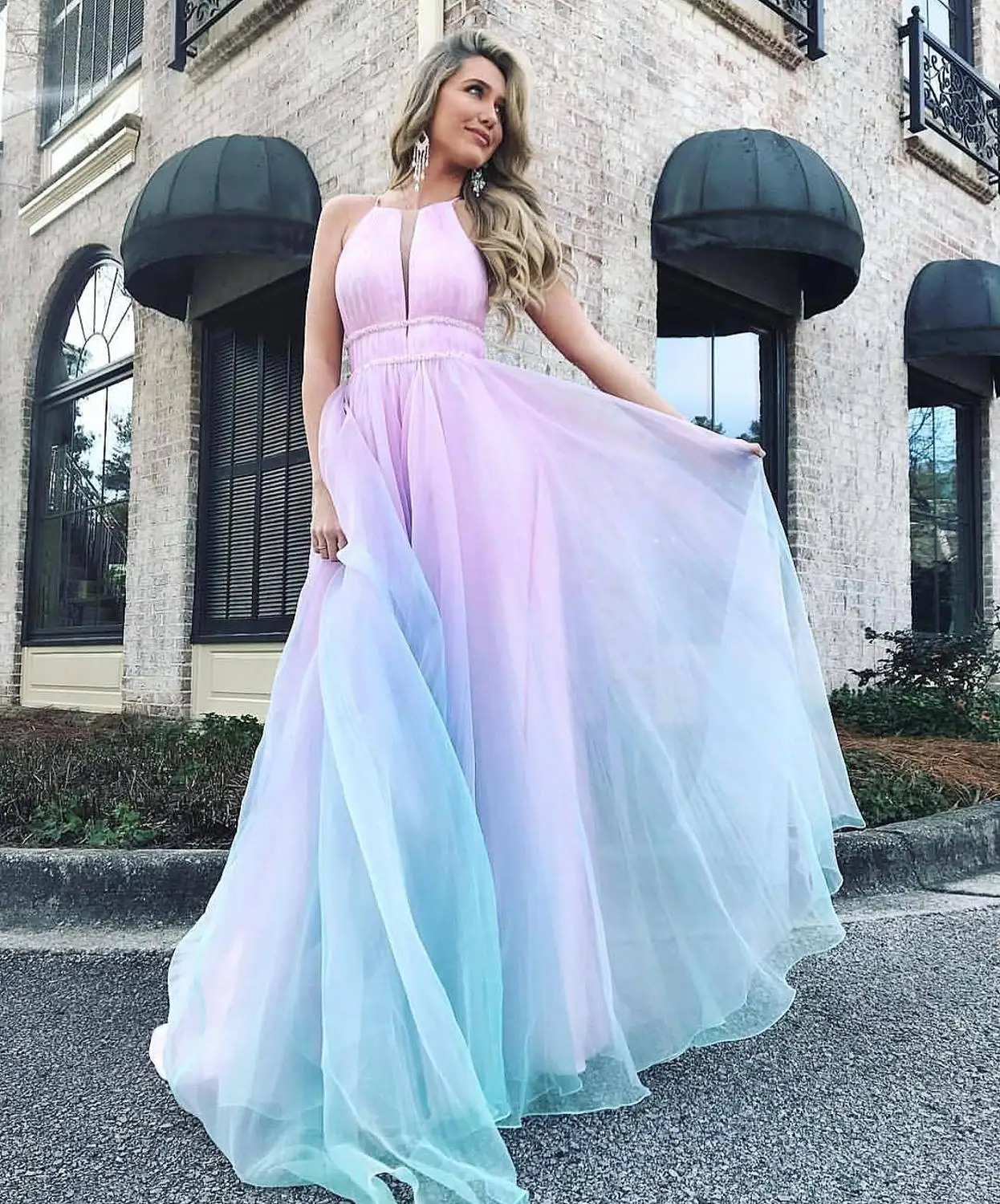 

Women dress 2021 Summer Fashion Elegant Women Tulle Gradient Sexy Dress Female Casual Halter Sleeveless A-line Long Dress