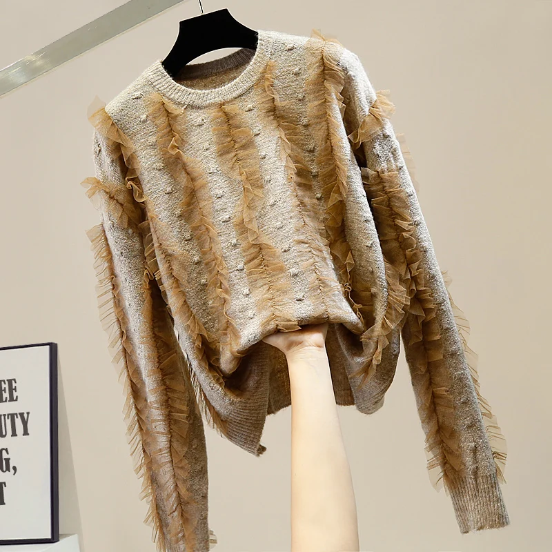 

Sweet Pleated Mesh Wooden Ear Stitching Round Neck Knit Pullovers Women's Shirt 2020 Loose All-match Top Winter Sweaters Womens