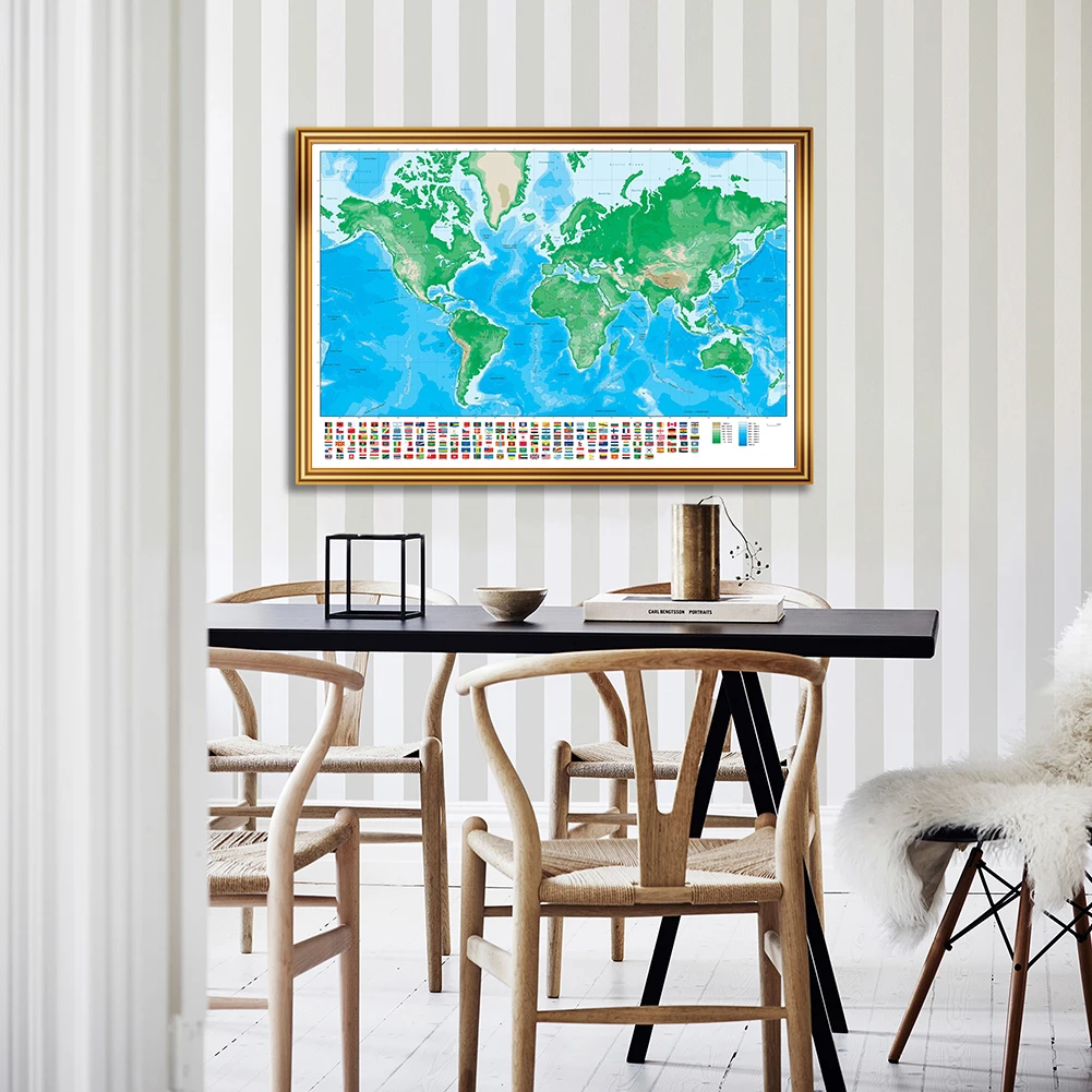 

84*59cm The World Orographic Map with National Flags Spray Canvas Painting Wall Poster Living Room Home Decor School Supplies