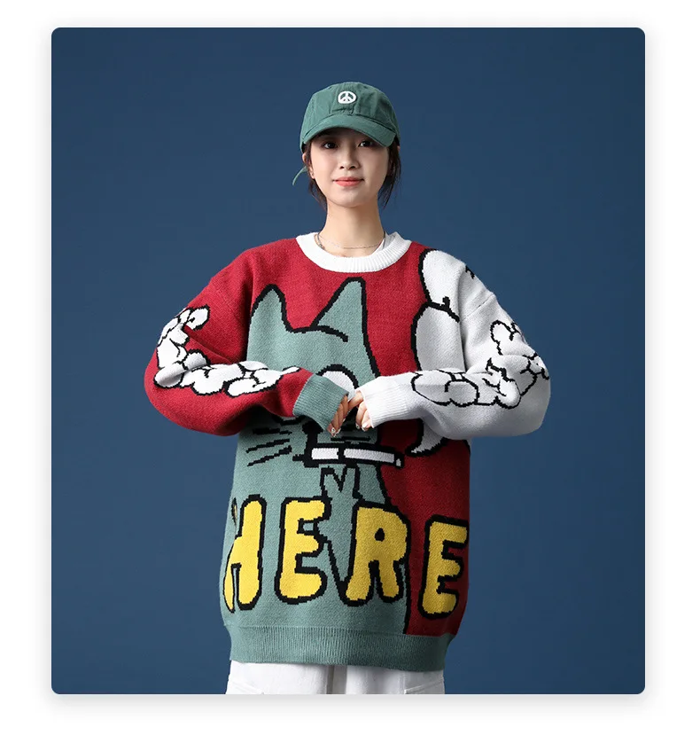 

Women Sweater Cartoon Funny Cat Print O-Nec Pullover Sweaters Men Soft Slim Casual High Street Fashion Autumn Streetwear MY559
