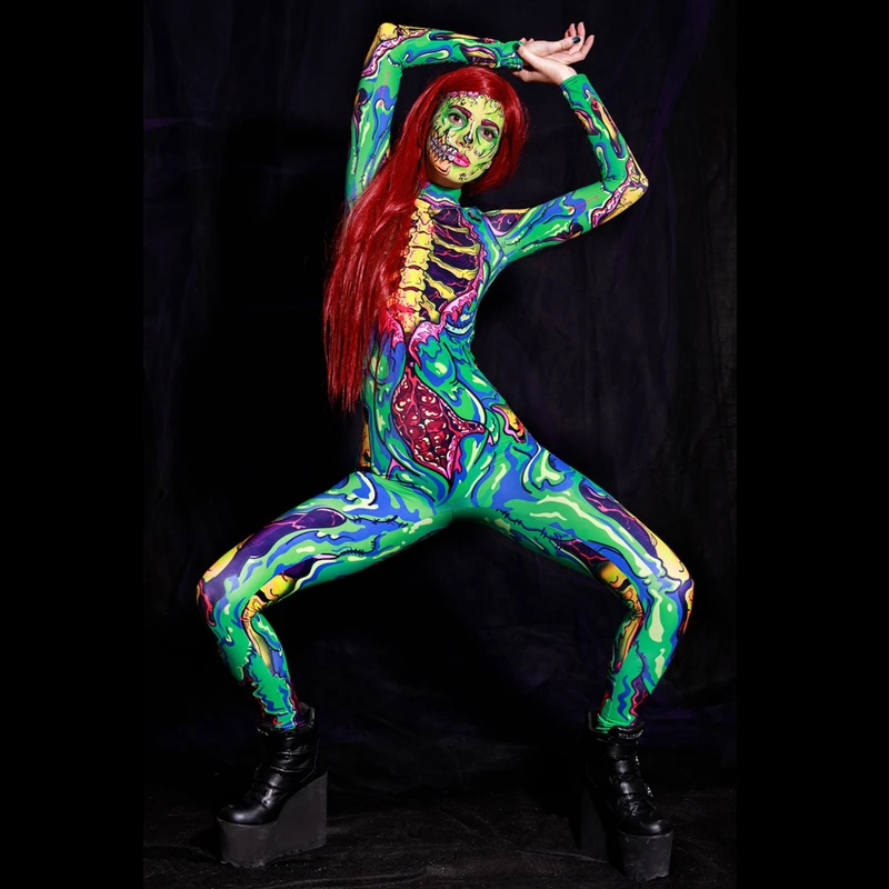 

2022 Halloween New Cosplay Costume Horror Skull Jumpsuit for Ladies Scary Skeleton Tights Carnival Party Gothic Bodysuit