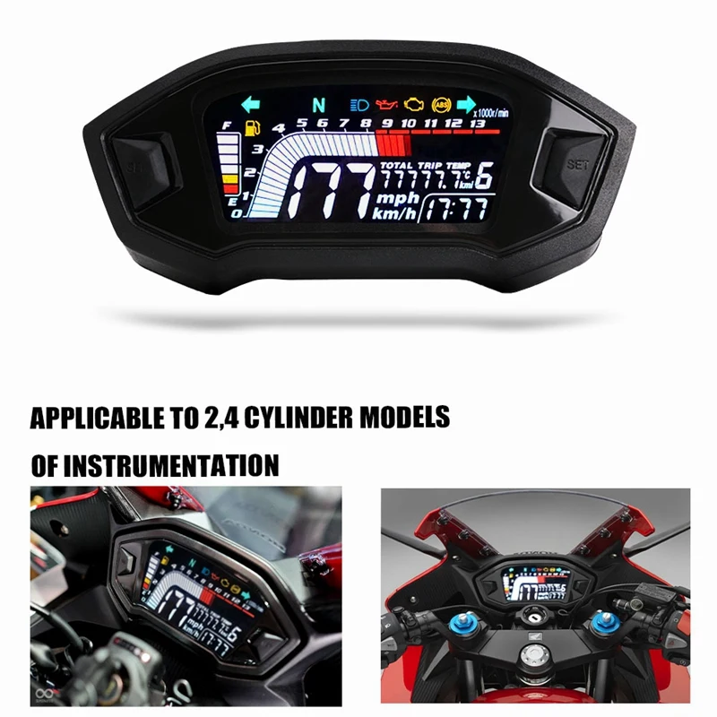 

Motorcycle LCD Instrument Universal Speedometer 13000 RPM for 1,2,4 Cylinder Digital Odometer Tachometer