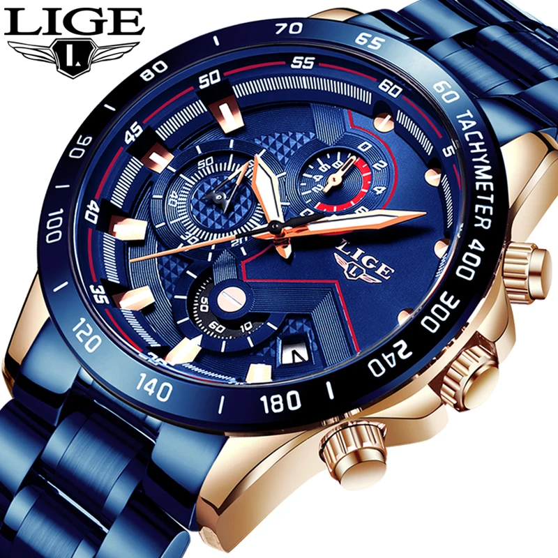 2019 LIGE Новая мода мужские s часы синий из нержавеющей стали топ бренд класса люкс