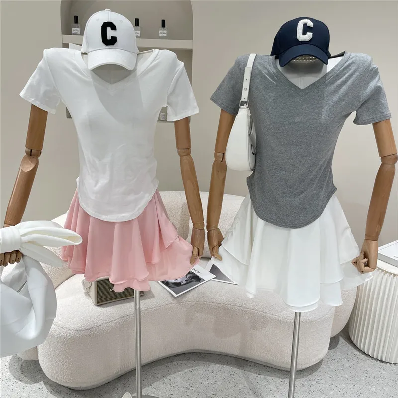

New Women's Clothing Summer 2021 Fashion Solid color V-neck slim short sleeve T-shirt + high waist A-line skirt