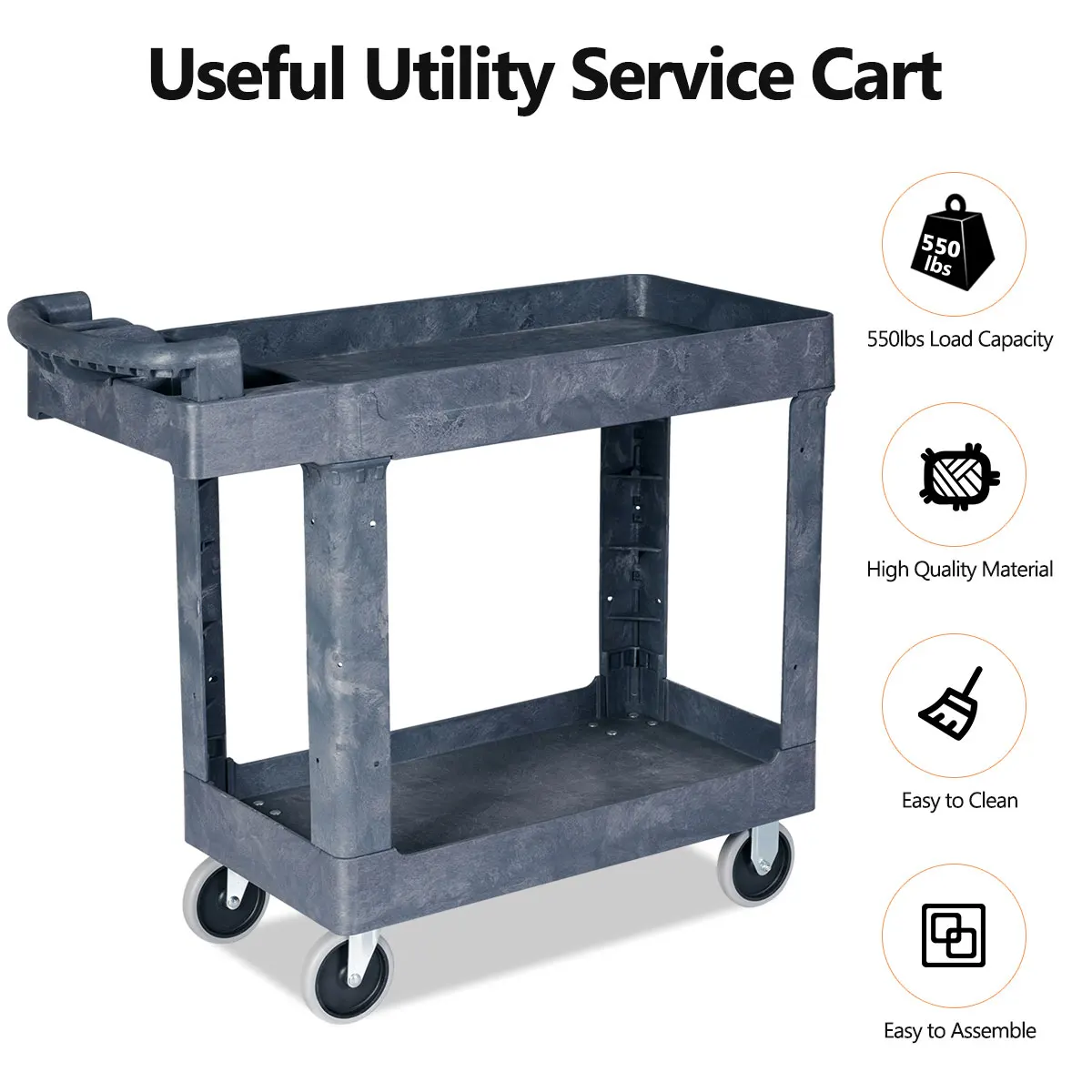 

Costway Plastic Utility Service Cart 550 LBS Capacity 2 Shelves Rolling 41'' x 17'' x 34''