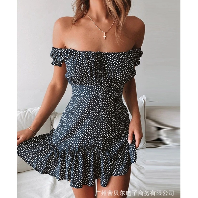 

Mandylandy Dress Summer Short Sleeve Slash Neck Ruffles Slim Fit Patchwork Holiday Dress Women Sexy Floral Print Strapless Dress