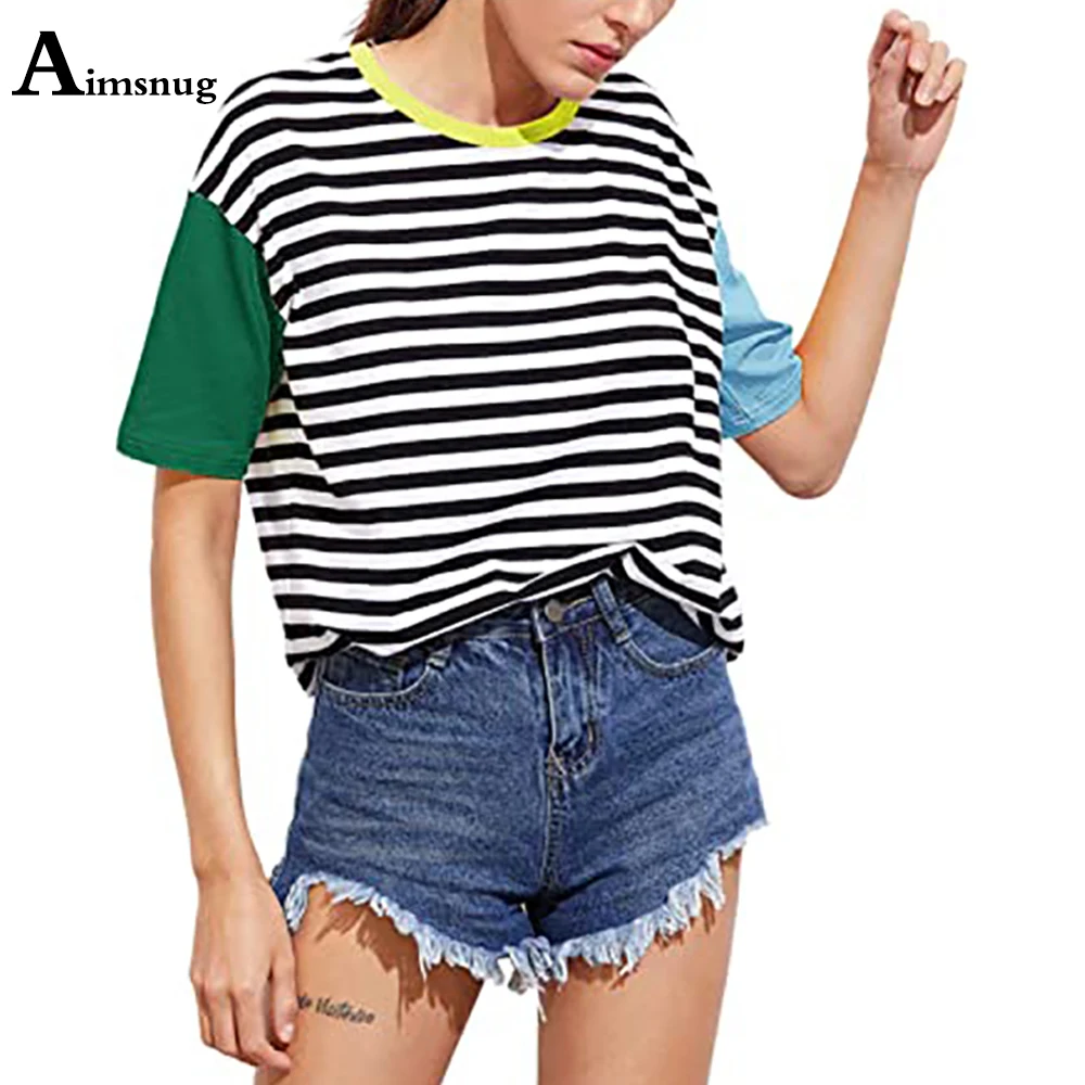 

Women Elegant Leisure Casual T-shirt Patchwork Stripe O-neck Loose Elasticity Women's Top Trend 2021 Summer Tees shirt Clothing
