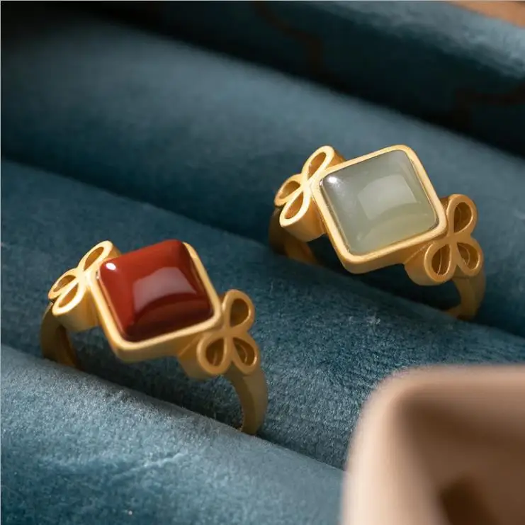 

Natural South Red Bow Ring Sterling Silver Natural Hetian Gray Jade Geometric Ring Fashion Agate Open Ring