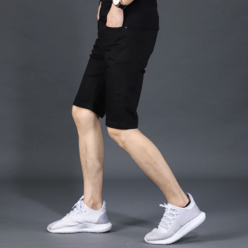 Men Black Denim Shorts Summer Jeans Fashion Korean Style Solid Color Straight Fit Stretch Pants