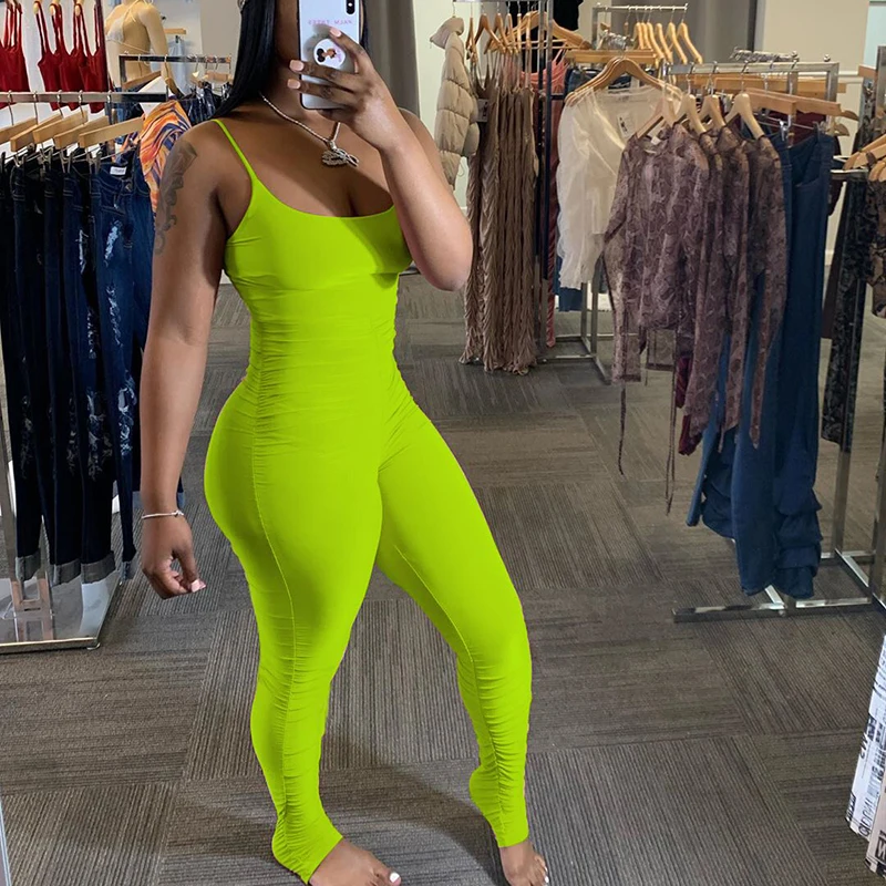 

New 2020 Summer Spaghetti Strap Backless Sexy Women Bodycon Playsuit Sleeveless Off-shoulder Folds Seven Colors Casual Jumpsuit