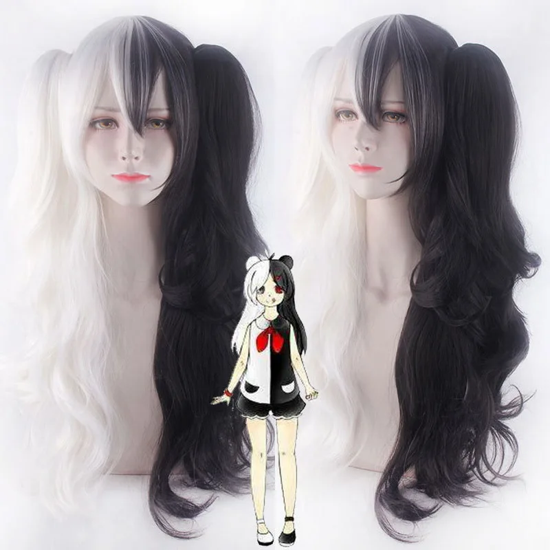 

Anime Danganronpa monokuma Long Curly Cosplay Wig With Ponytails White Black Mix Heat Resistant Synthetic Hair Wigs For Women