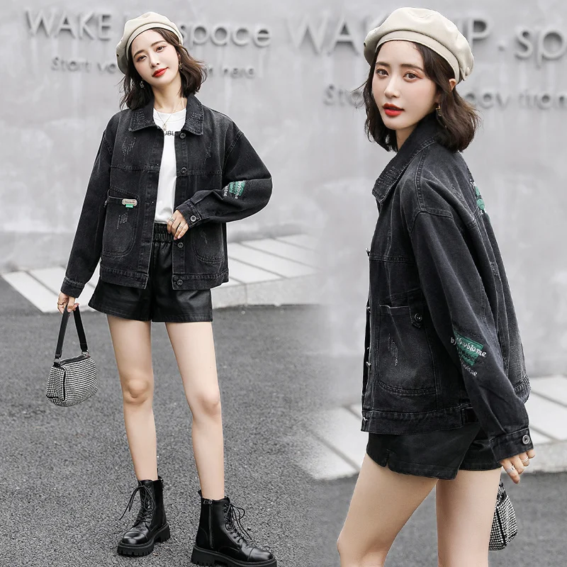 

Женское джинсовое пальто, свободная универсальная зеленая куртка в Корейском стиле с вышивкой, в западном стиле, осень 2021