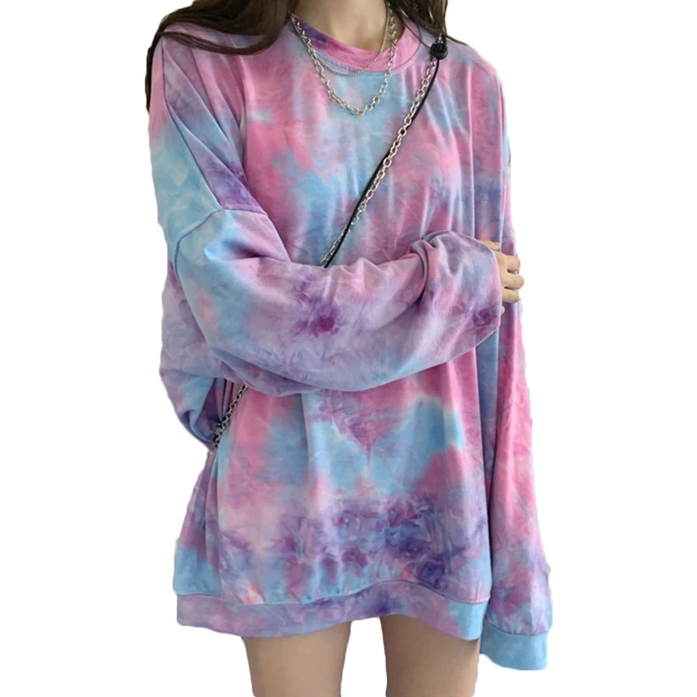 Women Fashion Long Sleeve O Neck Tie Dye Pullover Loose Blouse Sweatshirt Hoodie Tie Dye Loose Style Long Blouse Female Clothing
