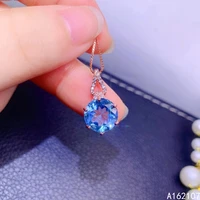 fine jewelry 925 sterling silver inlay with natural gem womens classic fashion round blue topaz pendant necklace support detect