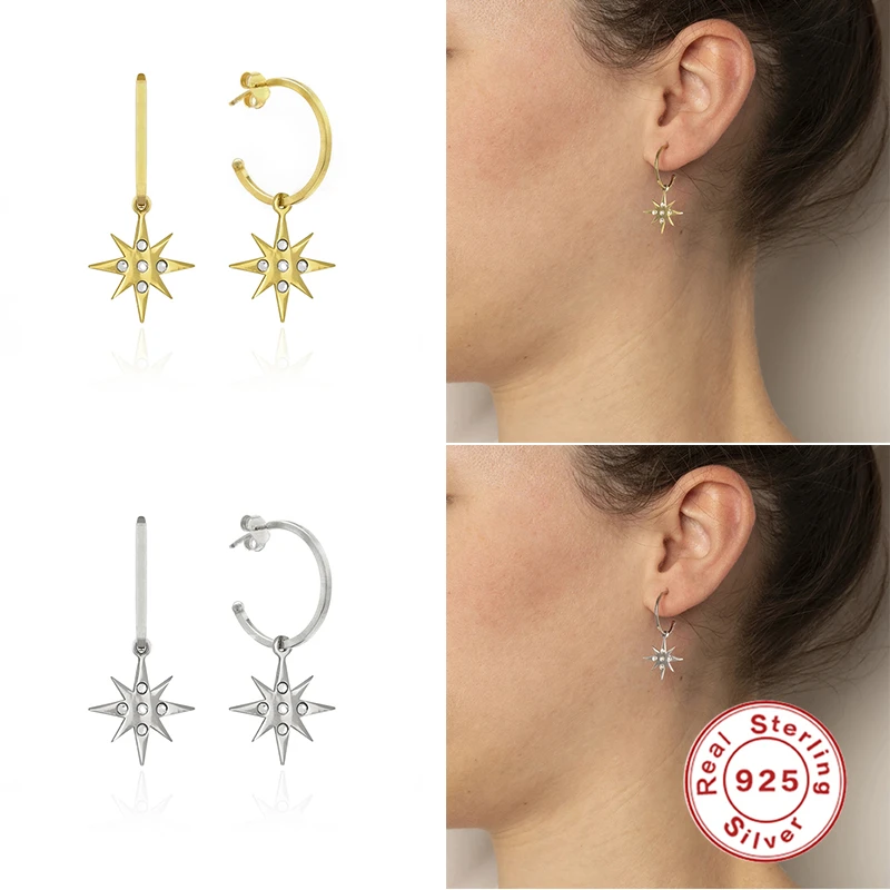 

925 Sterling Silver Trendy European and American Moon and Star Hoop Earrings For Woman Lovers' Loops Earring Fine Jewelry 2020