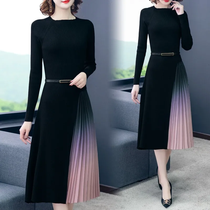 Женское осенне зимнее Элегантное трикотажное плиссированное платье средней