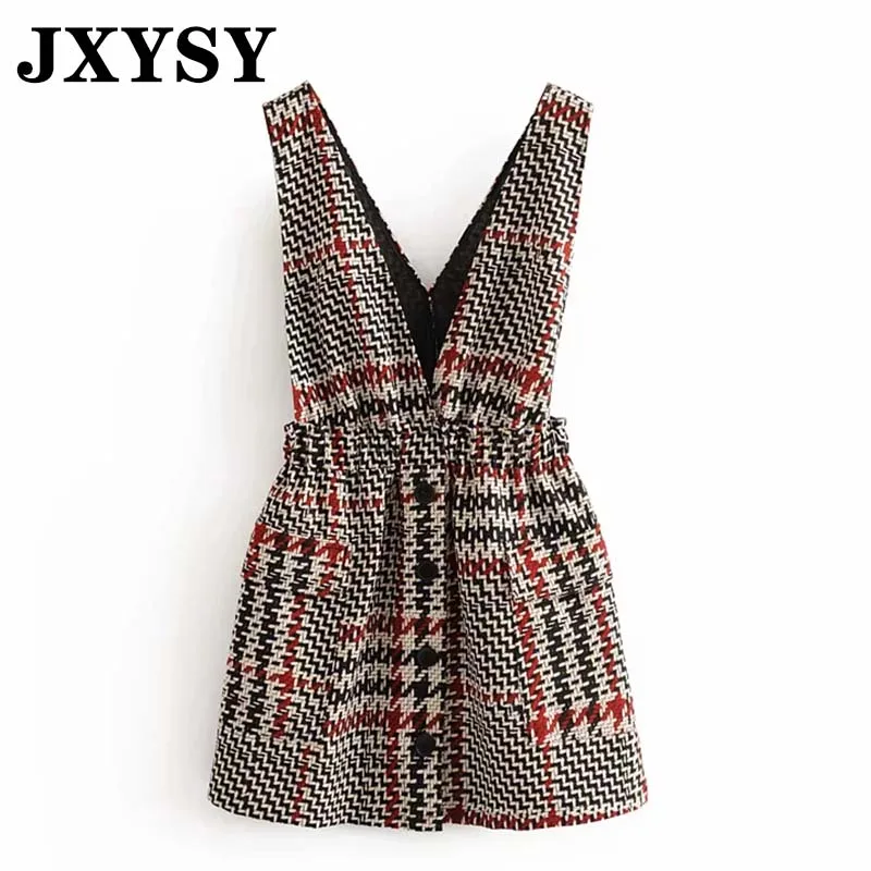 JXYSY английский стиль винтаж в клетку однобортное Мини платье на бретелях для