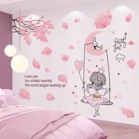 cartoon girl moon swing wall stickers diy tree leaves mural decals for kids rooms children baby bedroom kitchen home decoration