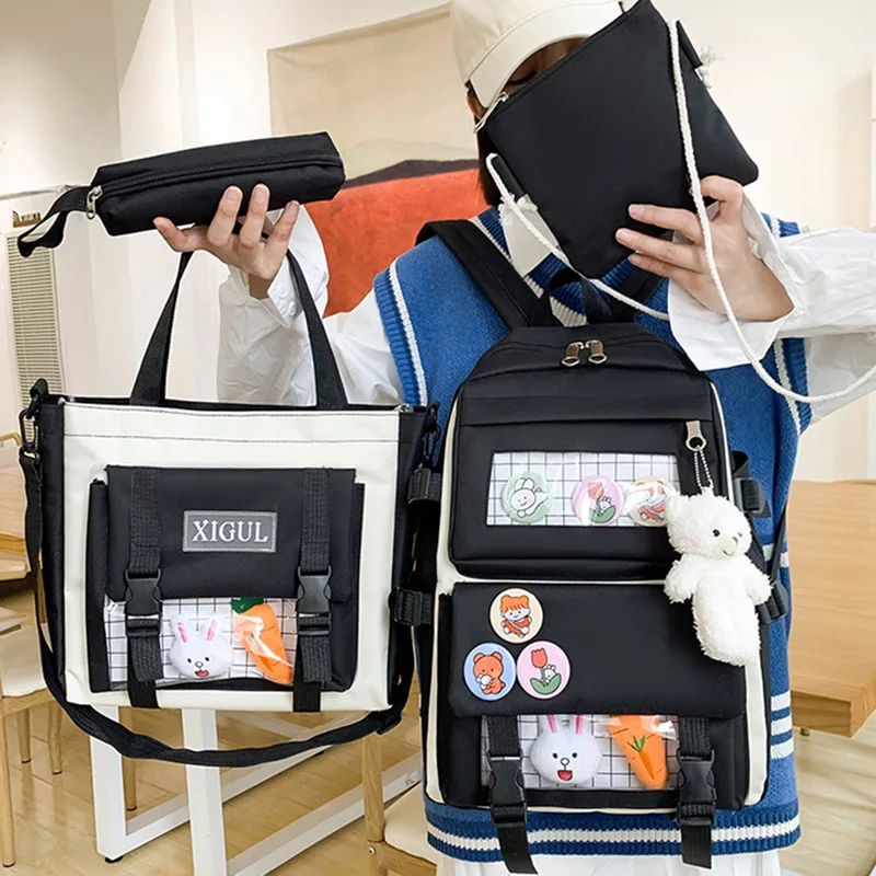 

2021 4Pcs/set Canvas School Backpacks Women Lovely School Bags For Teenage Girls Bookbags Students Travel Shoulder Bags Female