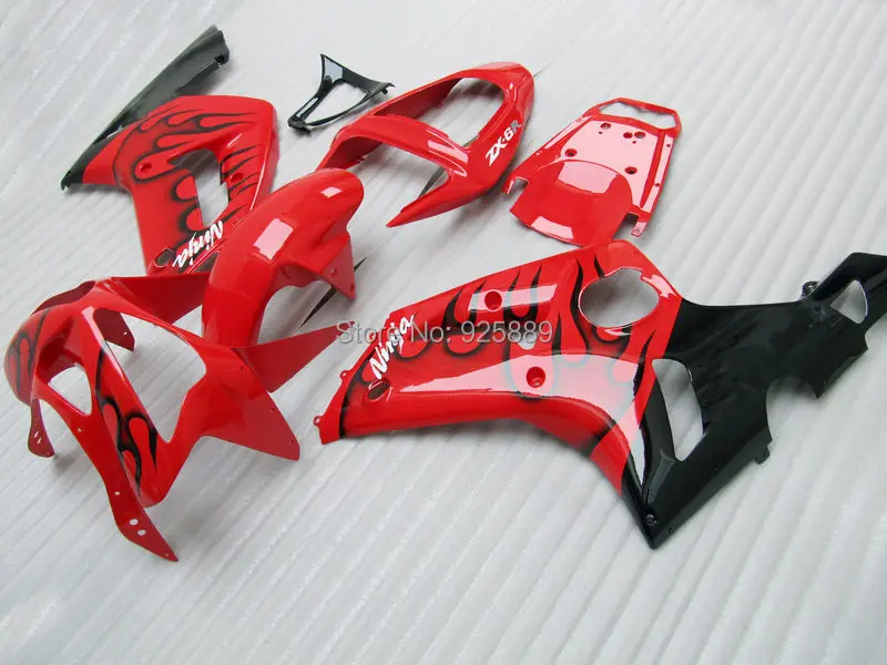 

100%NEW+ Black Flame Red Fairing Kit FOR KAWASAKI NINJA ZX 6R 636 03 04 ZX-6R 03-04 ZX6R 2003 2004 ZX 6R 03 04 Fairings Mh77a