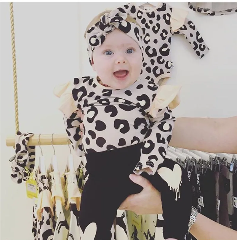 Newborn Baby Girl Clothes Set Fashion Cotton Leopard Print Long Sleeved Romper Top+pants+Headband Toddler Infant 3pcs | Детская одежда