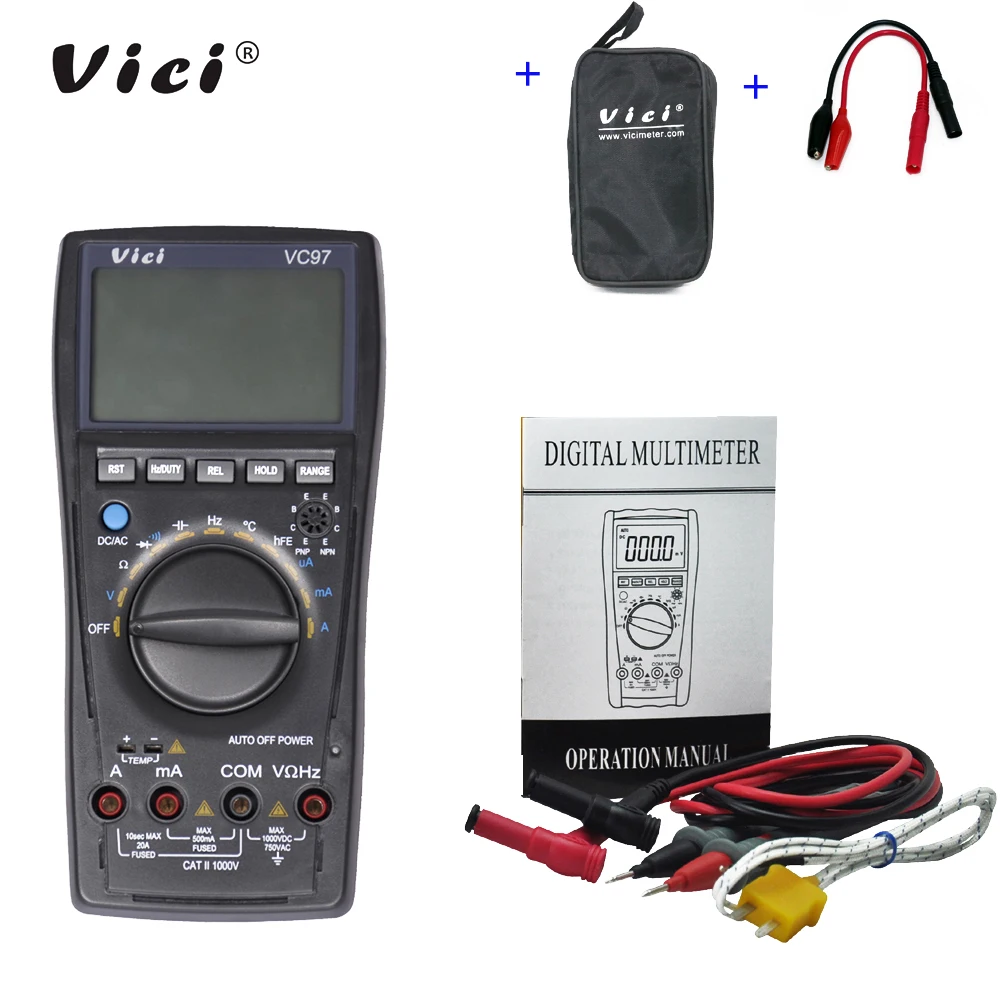 VICI VC97/VC97A Цифровой мультиметр Вольтметр AC/DC Напряжение Ток Сопротивление Емкость Частота тестер+ Аллигатор зонд