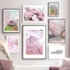 Настенная картина с изображением поезда из розового персикового цветка, настенные картины на холсте, скандинавские постеры и принты, настенные картины для декора гостиной