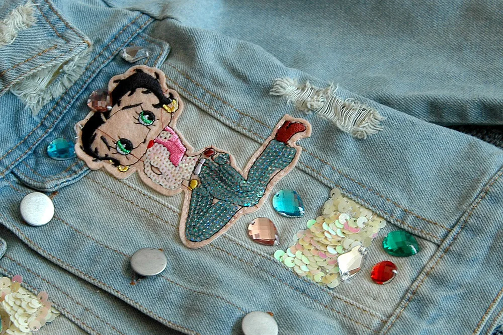 

ACE LOVE Cartoon Print Children Kids Girls Denim Jacket Children Sequins Kids Denim Jackets for Girls 2-8 Year Baby Girl Coat