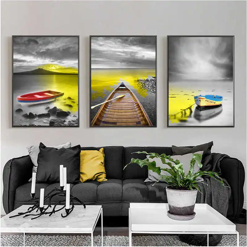 Художественные картины на холсте желтое озеро и лодка романтические постеры в