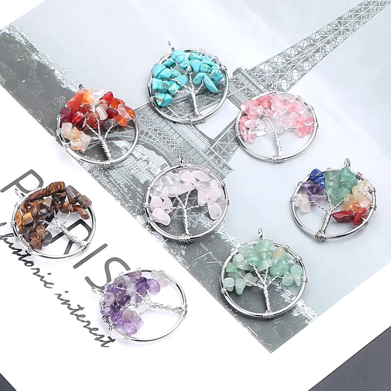 

30X35MM Mini Handmade Winding Natural Crystal Semi-Precious Stone Gravel Tree Of Life Pendant For Necklaces Jewelry DIY