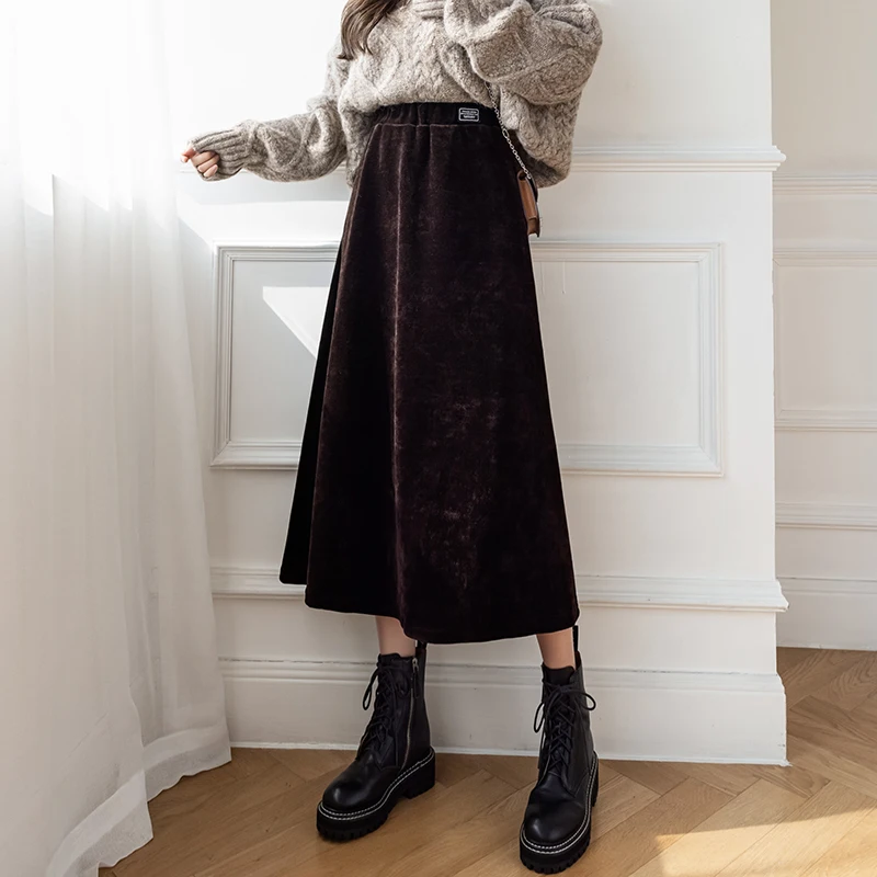 

Autumn Winter Thick Chenille Skirts Women's A-line Corduroy Skirt Fashion Streetwear Midi Skirt Vintage Brown Black Skirt