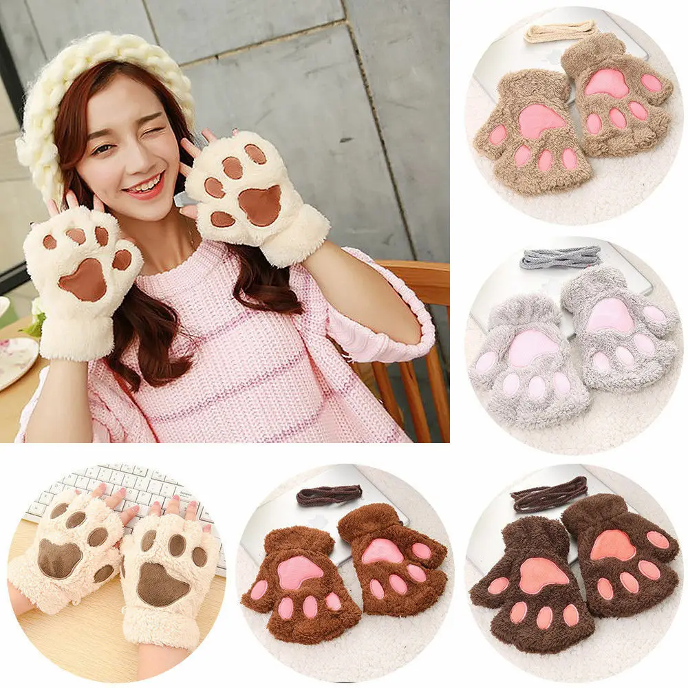

New Women Bear Cat Claw Paw Mitten Plush Glove Costume Warm Winter Half Finger Plush Gloves Short Finger Female