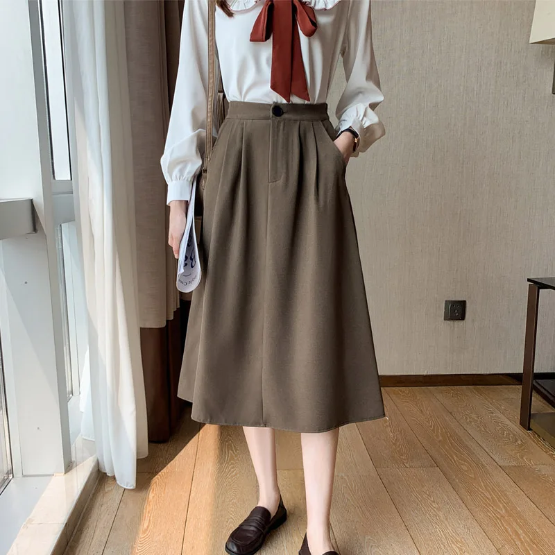 

Юбка Женская средней длины с завышенной талией и широким подолом, элегантная одежда для женщин, базовая повседневная черная трапециевидная...