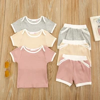 2pcs summer new baby boys girls ribbed outfits suit baby solid color block short sleeve cotton casual t shirtshorts clothes set