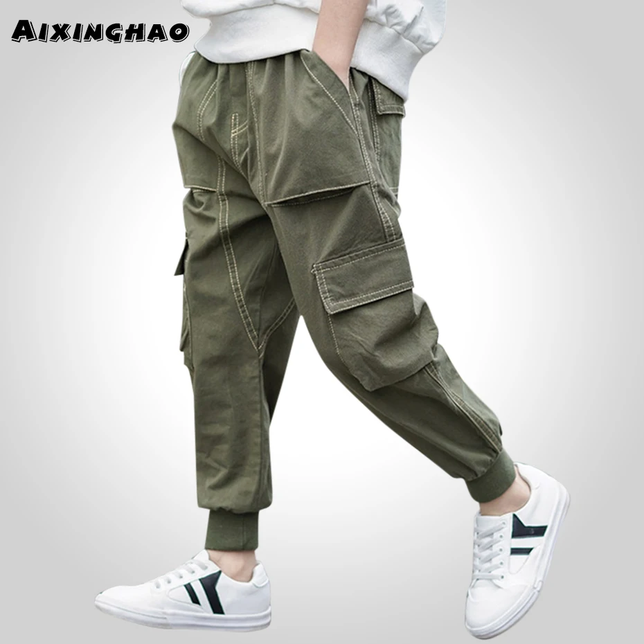 Штаны для мальчиков однотонные брюки карго длинные детские зимняя повседневная