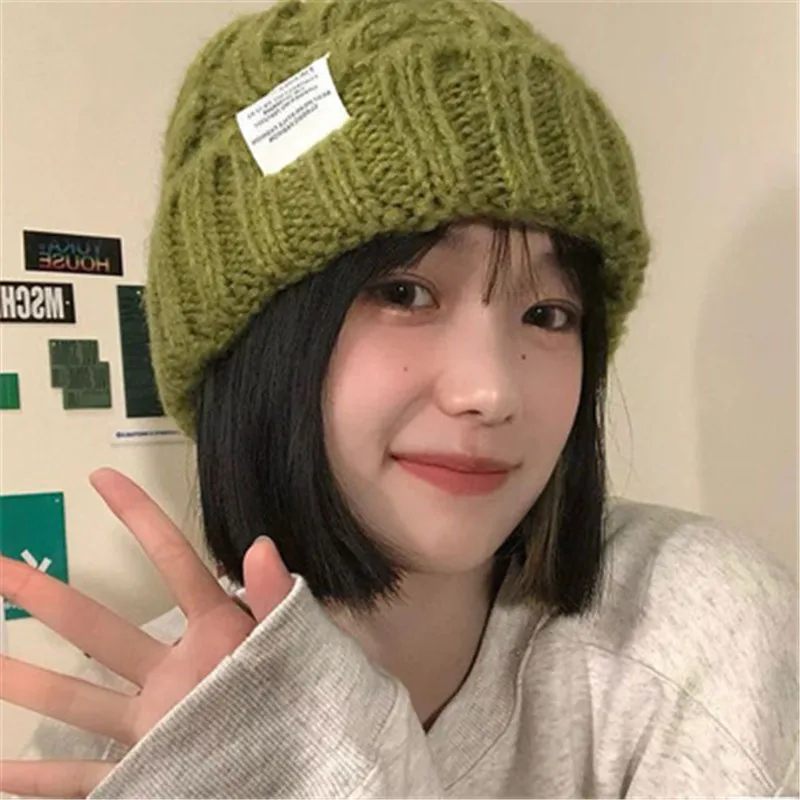 

Женская вязаная шапка, зимняя теплая шапка, однотонная хлопковая вязаная шапка в стиле хип-хоп, многоцветная шапка из грубой шерсти для деву...